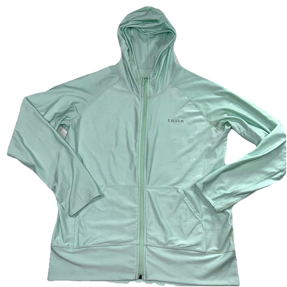 TESLA Jacket Women Size XL Green Running Hooded Thumb Holes Full Zip Lightweight